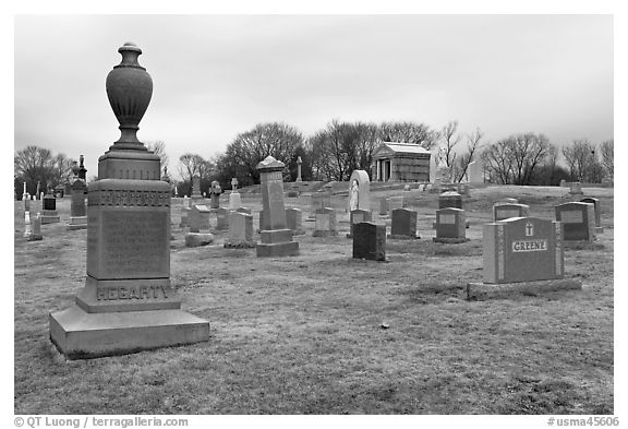 Tombstones in open cemetery space. Salem, Massachussets, USA (black and white)