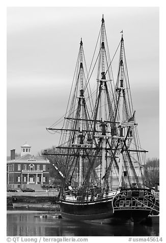 Square rigged East Indiaman Friendship, Salem Maritime National Historic Site. Salem, Massachussets, USA (black and white)