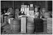 Chests and barrels, public stores, Salem Maritime National Historic Site. Salem, Massachussets, USA ( black and white)
