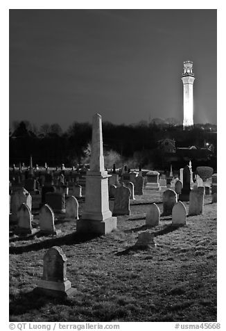 Cemetery and Pilgrim Monument by night, Provincetown. Cape Cod, Massachussets, USA (black and white)