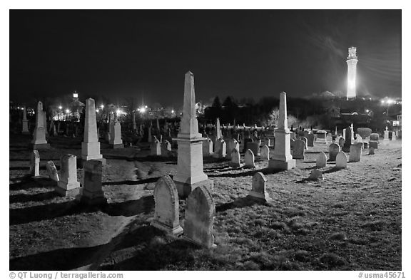 Cemetery and Pilgrim Monument at night, Provincetown. Cape Cod, Massachussets, USA (black and white)