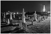 Cemetery and Pilgrim Monument at night, Provincetown. Cape Cod, Massachussets, USA (black and white)