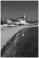 Beach, boats, and church building, Provincetown. Cape Cod, Massachussets, USA ( black and white)