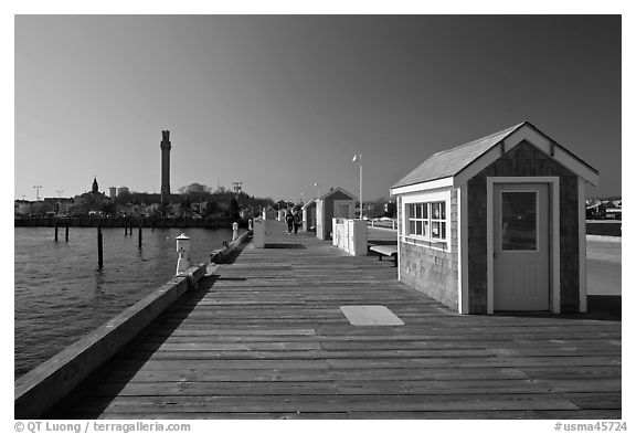 Pier and Pilgrim Monument, Provincetown. Cape Cod, Massachussets, USA (black and white)
