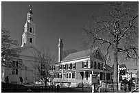 Church, Pilgrim Monument, and houses, Provincetown. Cape Cod, Massachussets, USA (black and white)
