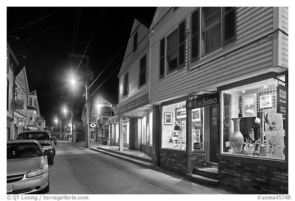 Art gallery and street by night, Provincetown. Cape Cod, Massachussets, USA (black and white)