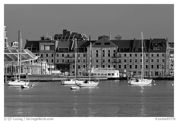 Anchored boats and custom houses. Boston, Massachussets, USA (black and white)