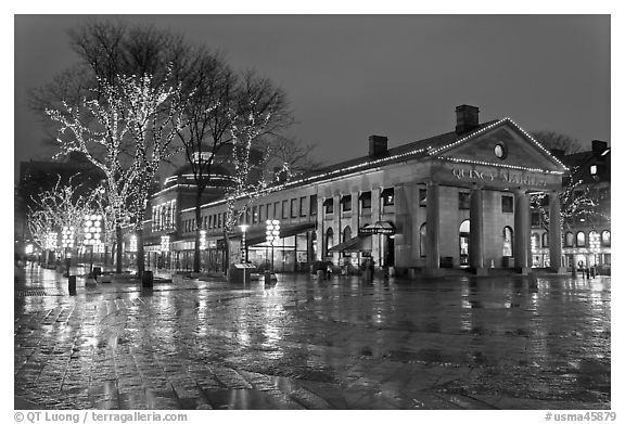 Lights and reflections at night, Quincy Market. Boston, Massachussets, USA (black and white)