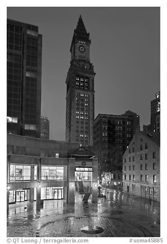 Custom House Tower and  Faneuil Hall marketplace at night. Boston, Massachussets, USA (black and white)