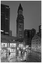 Custom House Tower and  Faneuil Hall marketplace at night. Boston, Massachussets, USA (black and white)