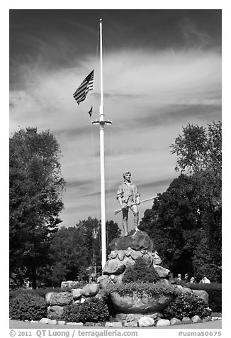 Minuteman Statue on Lexington Common, Lexington. Massachussets, USA (black and white)