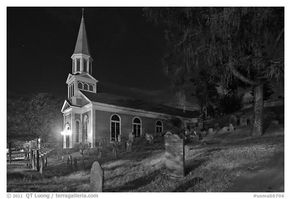 Holly Family church and graveyard at night, Concord. Massachussets, USA