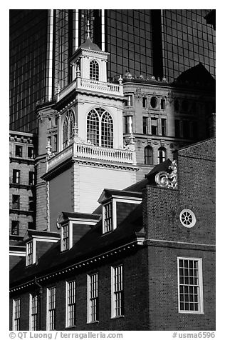 Old State House  and modern buildings in downtown. Boston, Massachussetts, USA (black and white)