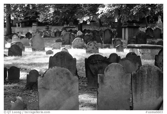 Old headstones in Copp Hill cemetery. Boston, Massachussets, USA (black and white)