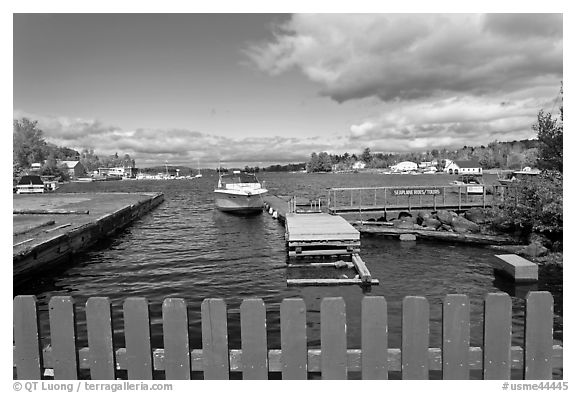 Harbor on shores of Moosehead Lake, Greenville. Maine, USA (black and white)