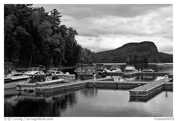 Marina along Moose River, Rockwood. Maine, USA (black and white)