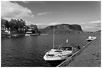 Moosehead Lake marina and  Mount Kineo. Maine, USA ( black and white)