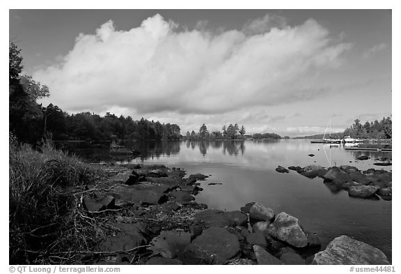 Beaver Cove and boats. Maine, USA (black and white)
