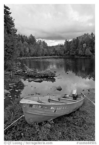 Small boat and cove, Lily Bay State Park. Maine, USA (black and white)
