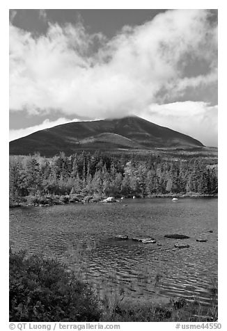 Clouds, mountain, and pond in autumn. Baxter State Park, Maine, USA (black and white)