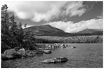 Cloud-capped Katahdin range and forest from Sandy Stream Pond. Baxter State Park, Maine, USA (black and white)