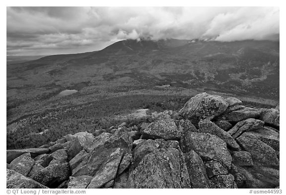 Katahdin and forests seen from South Turner Mountain. Baxter State Park, Maine, USA (black and white)