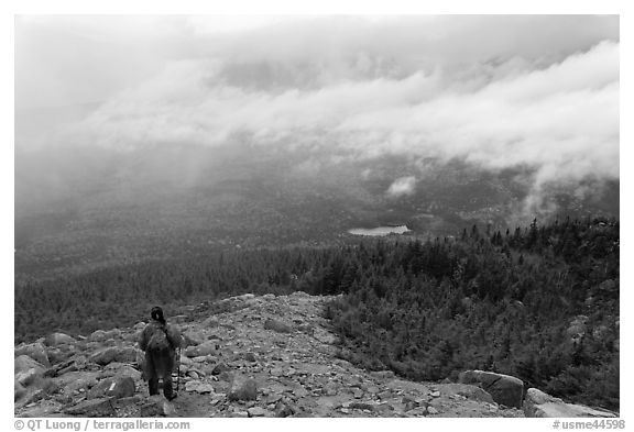 Hiker descending South Turner Mountain under the rain. Baxter State Park, Maine, USA (black and white)