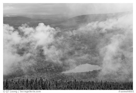 Rainy landscape with clouds floating. Baxter State Park, Maine, USA (black and white)