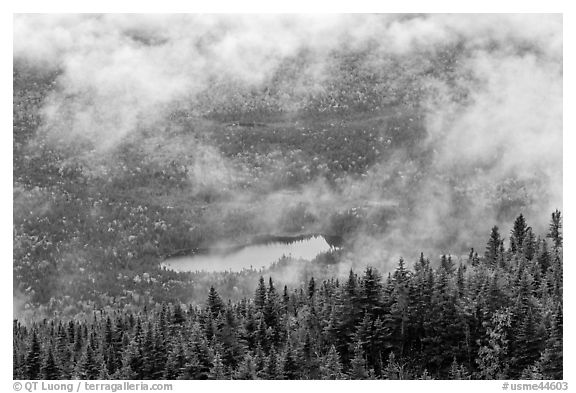 Clouds lifting above fall landscape. Baxter State Park, Maine, USA (black and white)