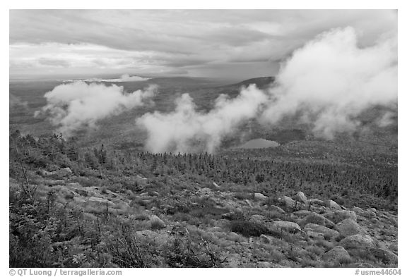 Autumn landscape with clouds hovering below mountains. Baxter State Park, Maine, USA (black and white)