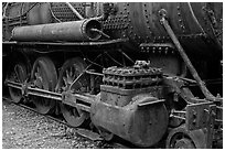 Close-up of vintage Lacroix locomotive. Allagash Wilderness Waterway, Maine, USA (black and white)