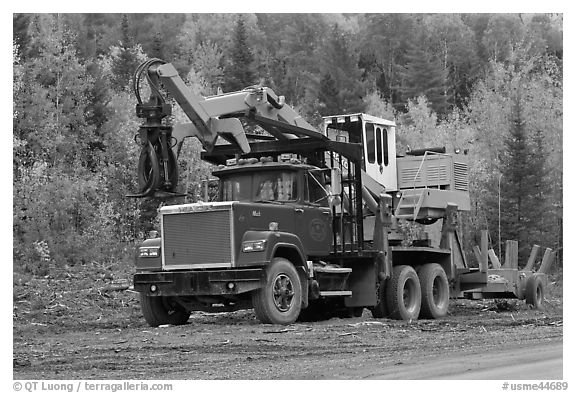 Forestry truck at logging site. Maine, USA (black and white)