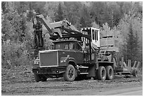 Forestry truck at logging site. Maine, USA (black and white)