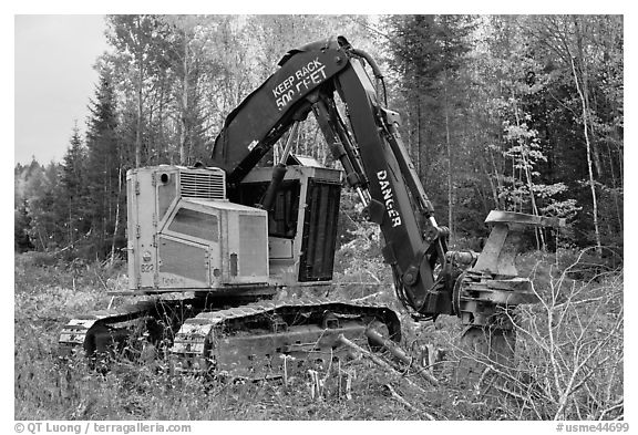 Tracked forest harvester. Maine, USA (black and white)