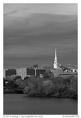 White steepled church and brick buildings. Bangor, Maine, USA (black and white)