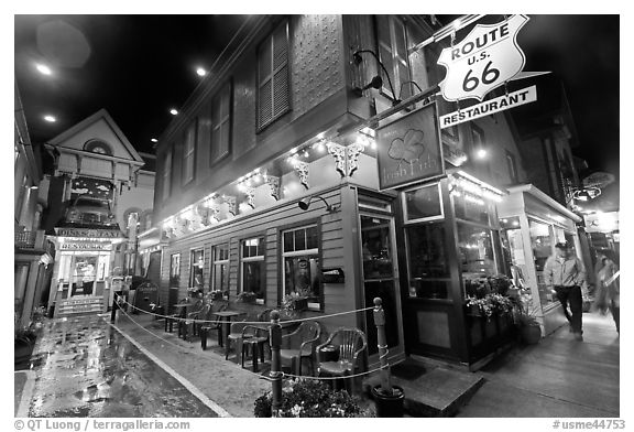 Route 66 restaurant at night. Bar Harbor, Maine, USA (black and white)