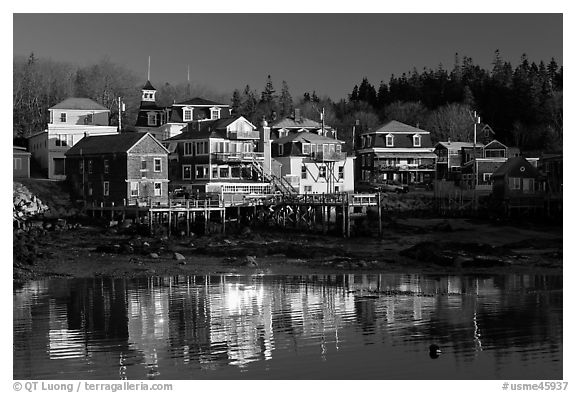 Waterfront reflections. Stonington, Maine, USA (black and white)