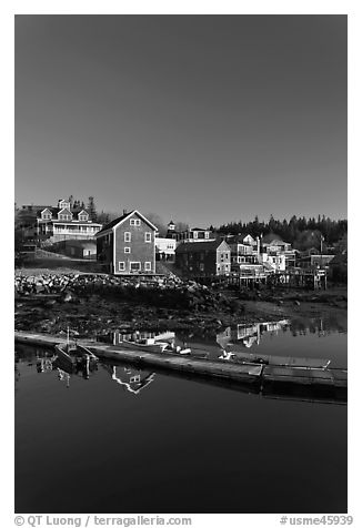 Deck and waterfront. Stonington, Maine, USA (black and white)