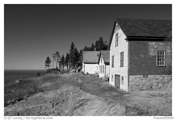 Historic houses and Penobscot Bay. Stonington, Maine, USA (black and white)