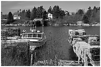 Lobster traps and boat. Corea, Maine, USA (black and white)