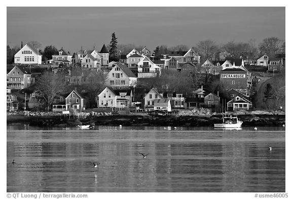 Seaport houses. Stonington, Maine, USA (black and white)