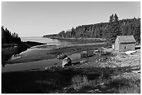 Schacks and inlet. Isle Au Haut, Maine, USA (black and white)