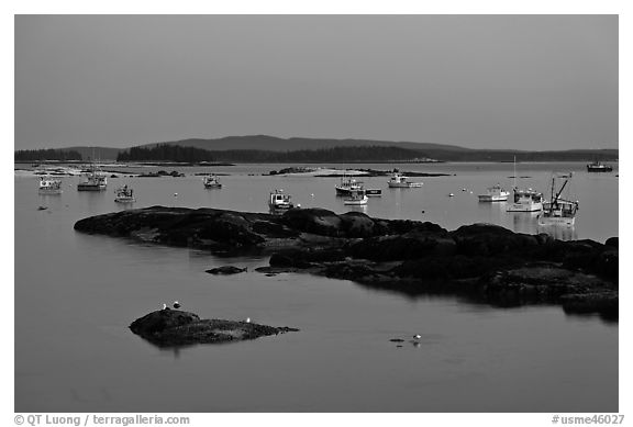 Harbor and Penobscott Bay islands at dusk. Stonington, Maine, USA (black and white)