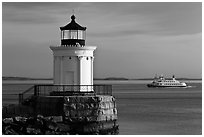 Bug Light and ferry. Portland, Maine, USA ( black and white)
