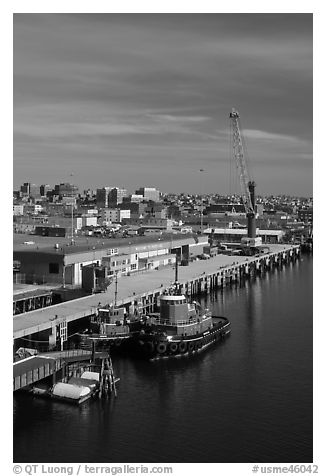 Harbor with welcome to Portland sign. Portland, Maine, USA (black and white)