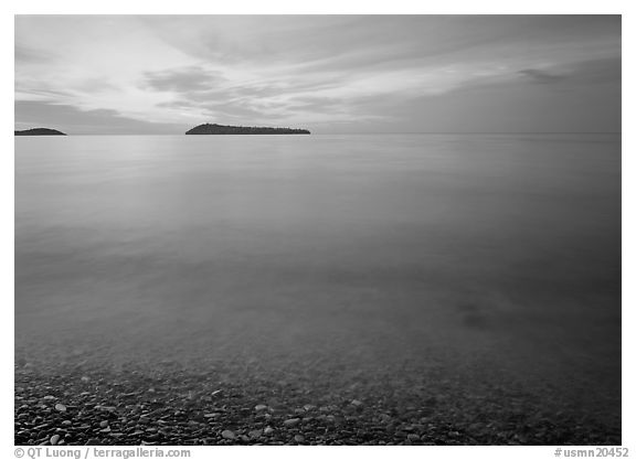 Islands in Lake Superior at dawn. USA (black and white)