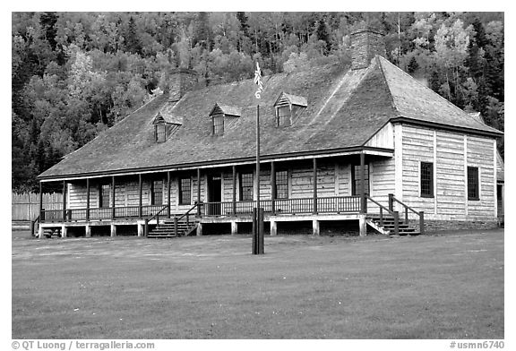 Historic Great Hall in Stockade site, Grand Portage National Monument. Minnesota, USA (black and white)