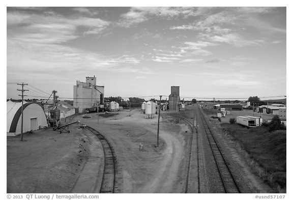 Railroad, grain elevator, and fertilizer plant, Bowman. North Dakota, USA
