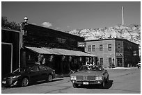 Classic car in street, Medora. North Dakota, USA (black and white)