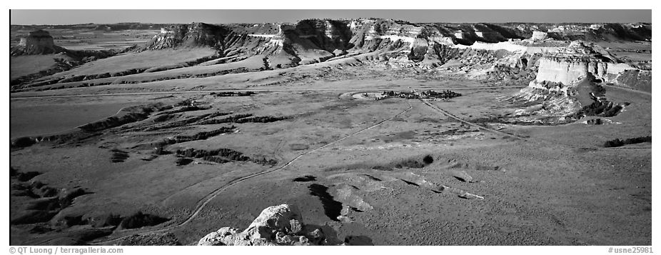 Valley and cliffs,  Scotts Bluff National Monument. Nebraska, USA (black and white)